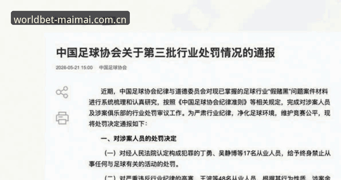 中国足协第三批禁足名单最新动态：17人终身禁足，48人面临行业禁令
